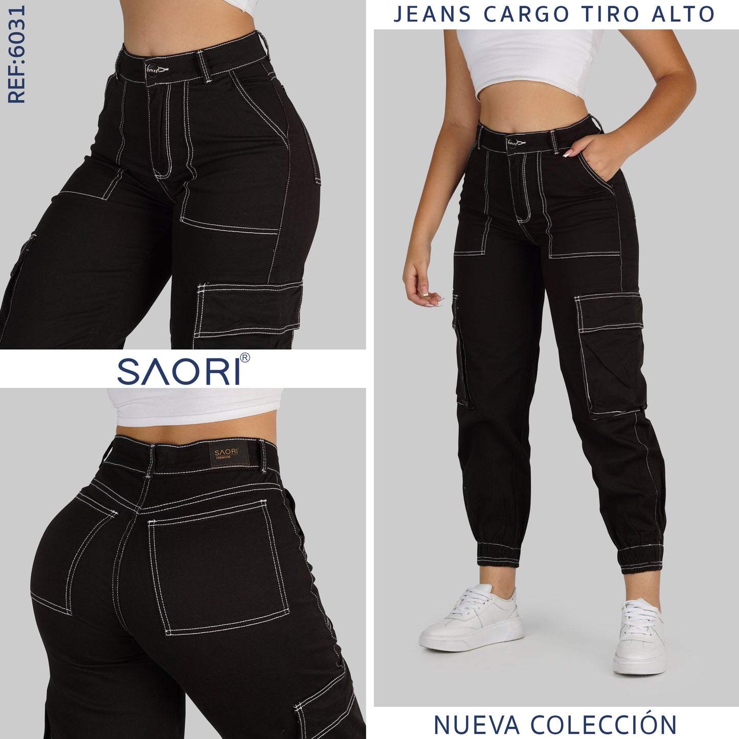 JEANS CARGO TIRO ALTO REF 6031 NEGRO HILO BLANCO