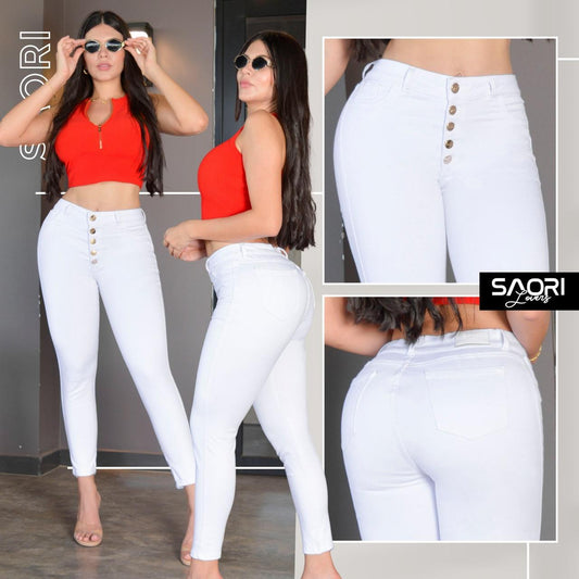 JEANS SKINNY MUJER TIRO ALTO REF 6102 BLANCO BOTONES