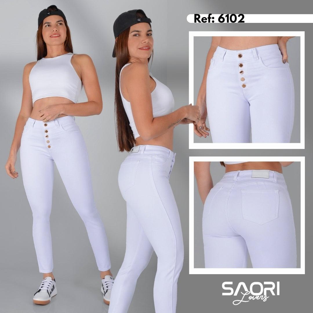 JEANS SKINNY MUJER TIRO ALTO REF 6102 BLANCO BOTONES